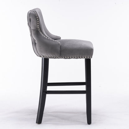 Contemporary Velvet Upholstered Wing-Back Barstools With Button Tufted Decoration And Wooden Legs, And Chrome Nailhead Trim, Leisure Style Bar Chairs, Bar Stools (Set of 4) - Gray