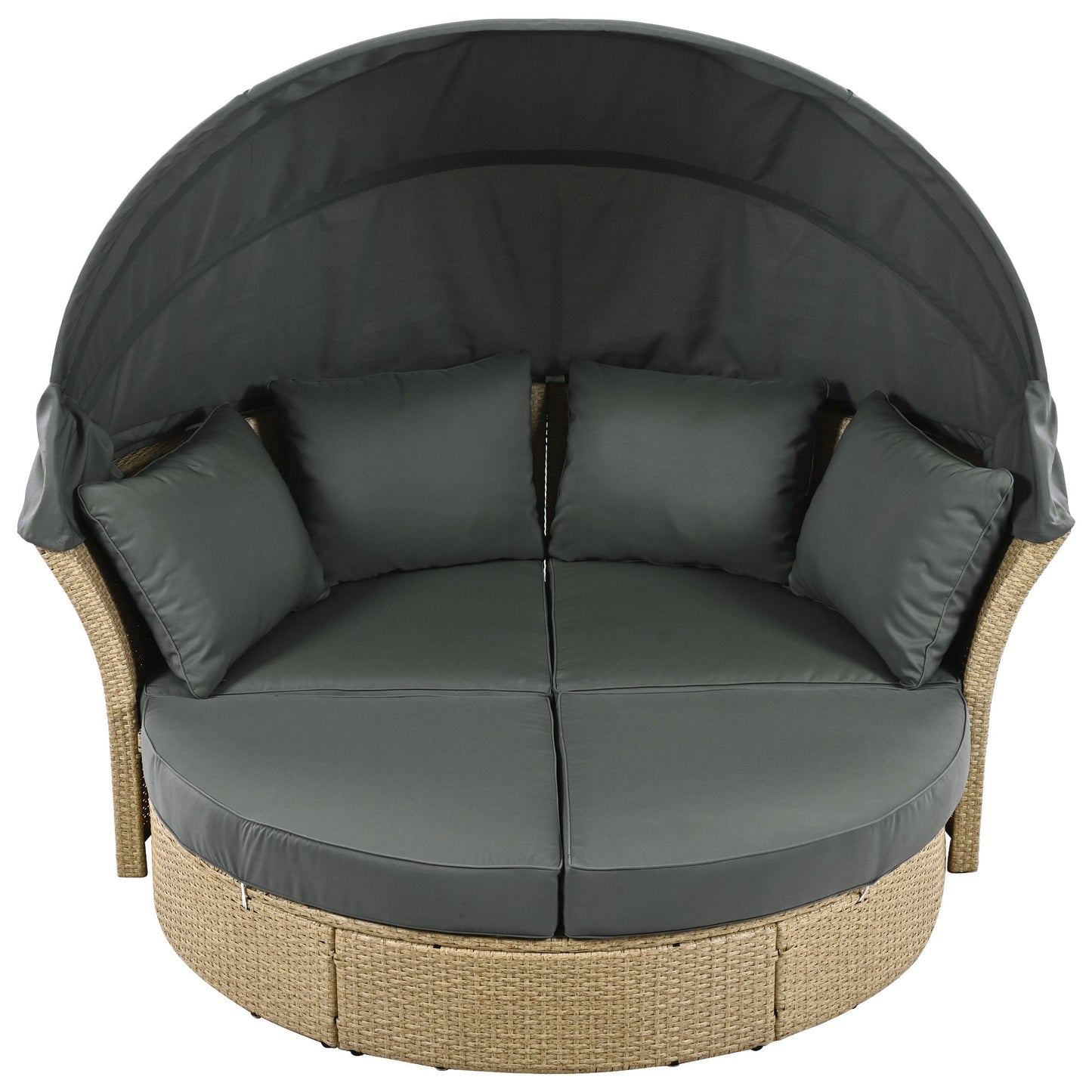Outdoor Patio Daybed Wicker Rattan Double Daybed Round Sofa Furniture Set With Retractable Canopy, 4 Pillows For Lawn Garden Backyard Porch Pool - Gray