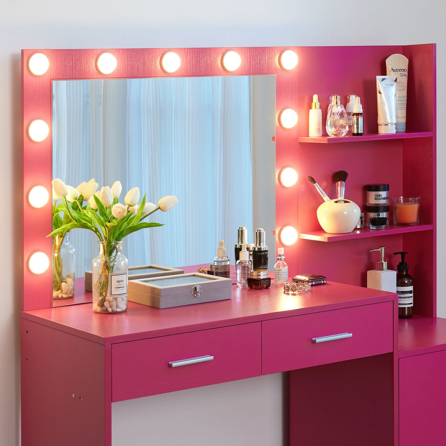 Vanity Desk With Mirror And Lights, 46.4In Dressing Table With 2 Large Drawer & Large Vertical Organizer, 3 Level Dresser & 3 Lighting Modes Adjustable Brightness, Suitable For Bedroom - Rose Pink