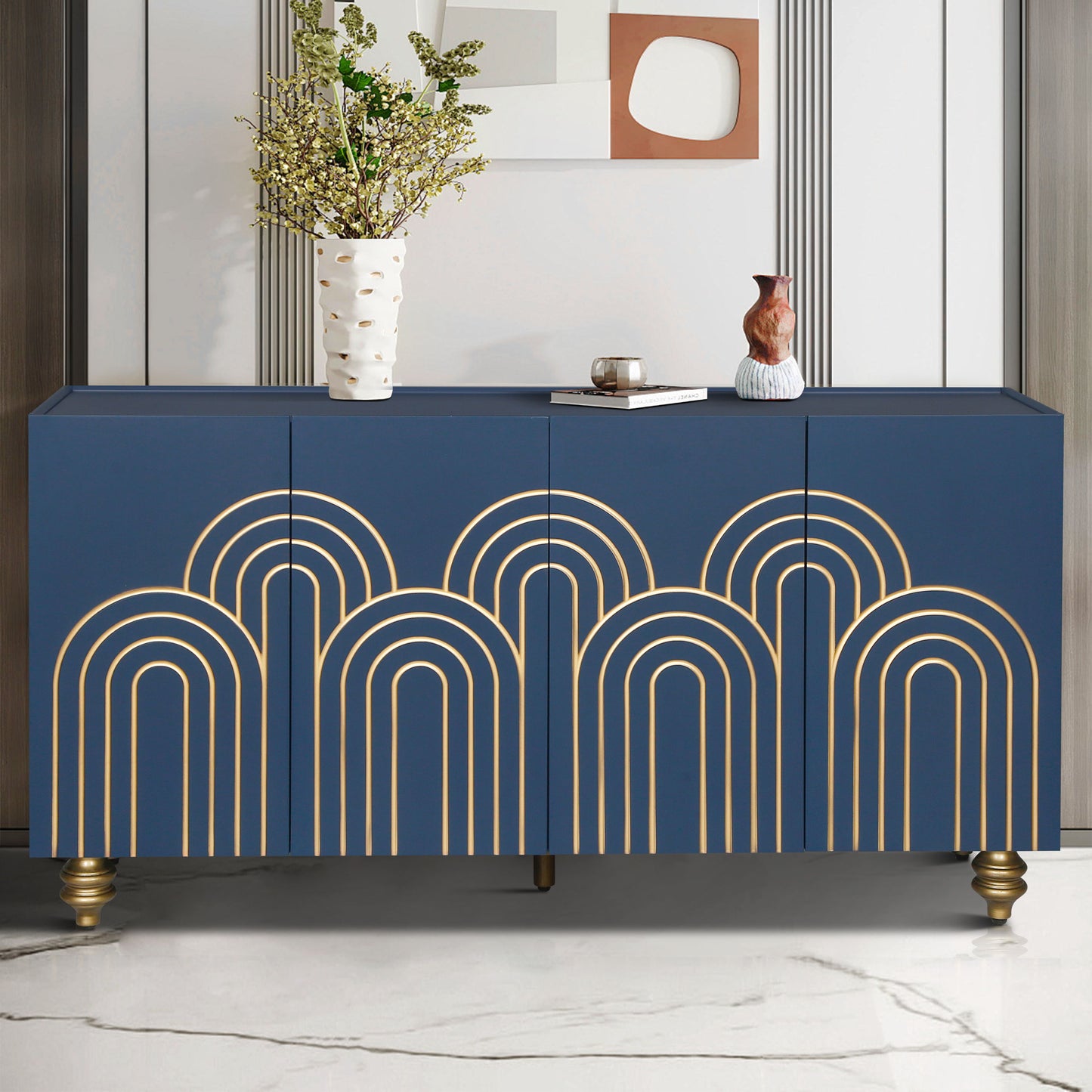 Modern Fluted Sideboard Buffet With Adjustable Shelves, Curve Element With Strict Lines - Navy Blue
