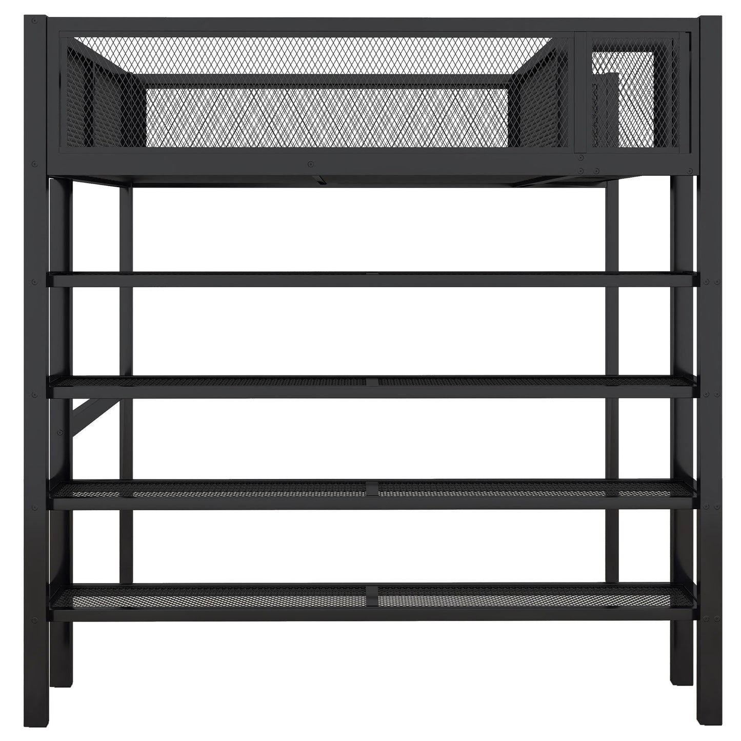 Full Size Loft Bed With 4 Tier Shelves And Storage - Black