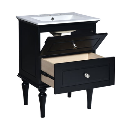 Bathroom Vanity Cabinet With Ceramic Sink Combo Set, Frame Modern Bathroom Storage Cabinet With 2 Drawers - Black