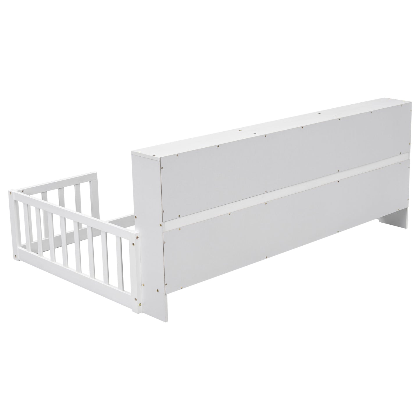 Twin Floor Bed With Bedside Bookcase, Shelves, Guardrails - White