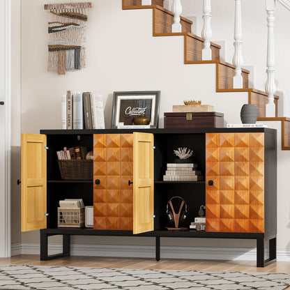 Modern Buffet Cabinet With Storage Space, Retro Style 4 Door Wooden Storage Cabinet, Multifunctional Decorative Cabinet With Geometric Patterns, Suitable For Living Room, Dining Room, Entrance - Orange / Yellow
