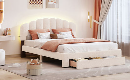Queen Size Upholstered Platform Bed With Drawer - Beige