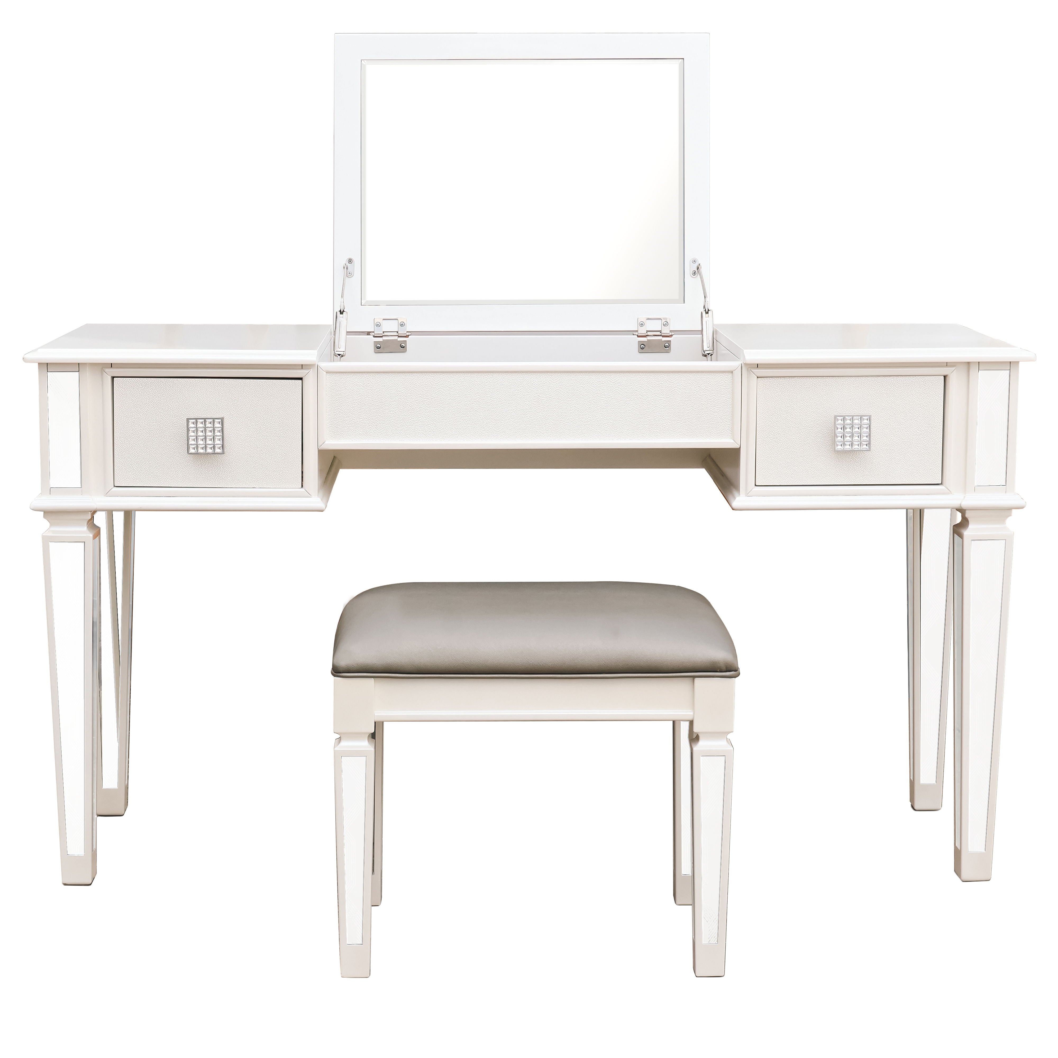 Elegant Mirrored Vanity Desk Set With Drawers And Flip Up Mirror, Silver Finish, Glass And Wood - White