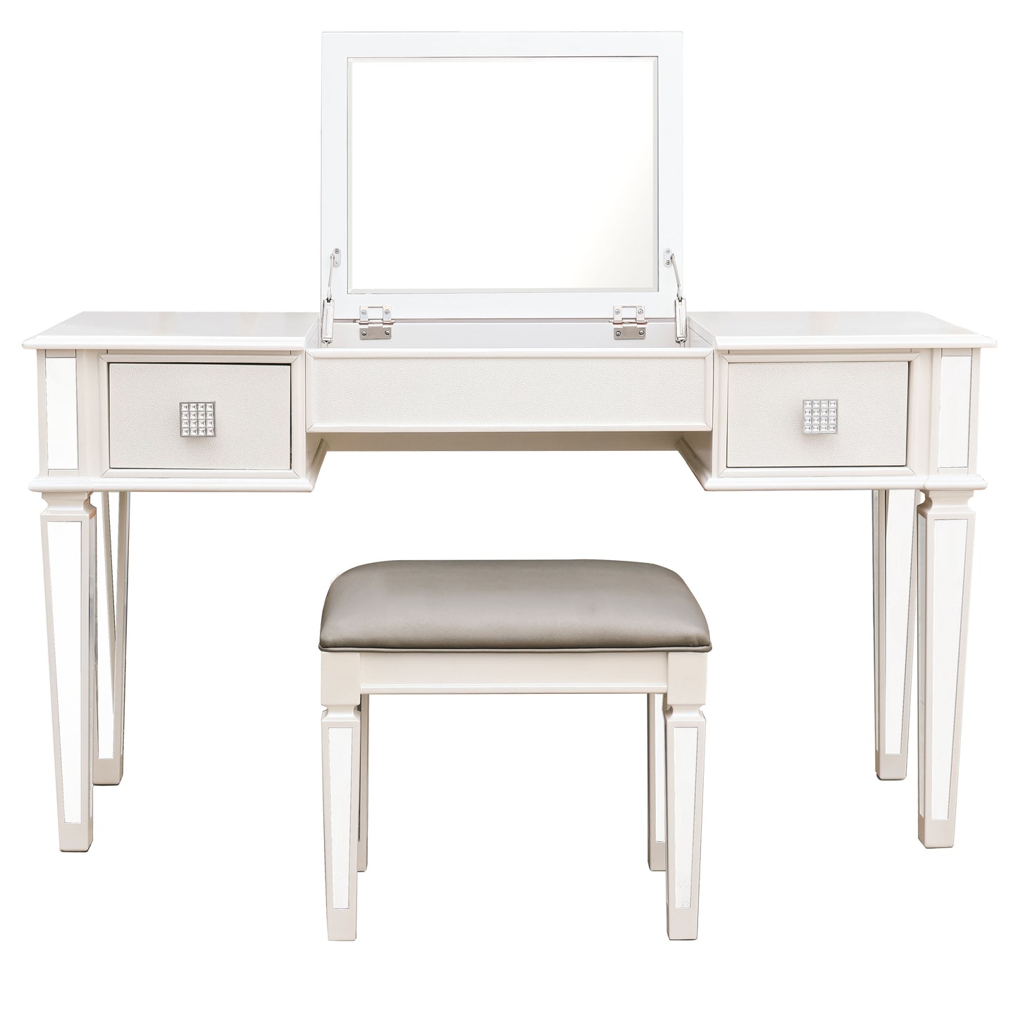 Elegant Mirrored Vanity Desk Set With Drawers And Flip Up Mirror, Silver Finish, Glass And Wood - White