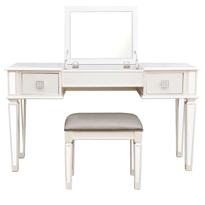 Elegant Mirrored Vanity Desk Set With Drawers And Flip Up Mirror, Silver Finish, Glass And Wood - White