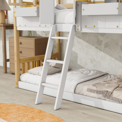 Twin Over Twin House Bunk Bed With Roof, Window, Window Box, Door, With Safety Guardrails And Ladder - Natural / White