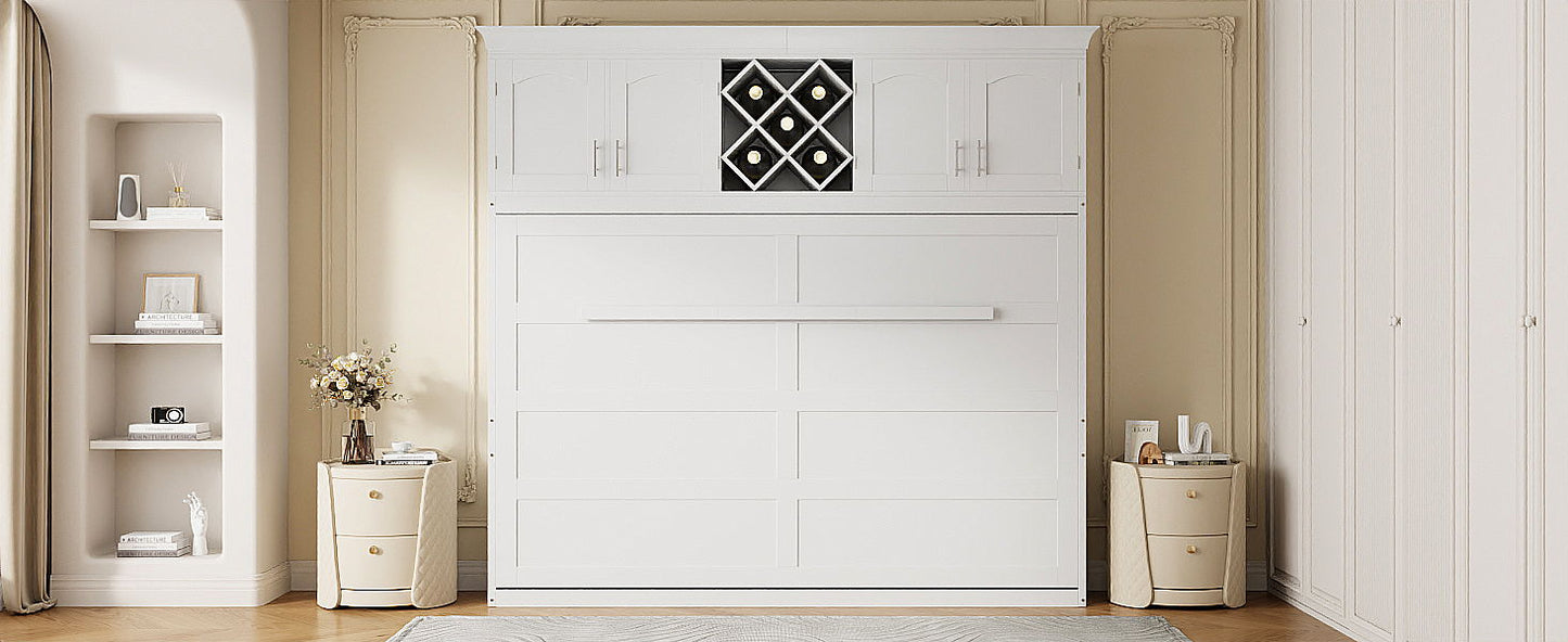 Queen Size Murphy Wall Bed With Top Cabinets & Wine Rack - White