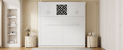 Queen Size Murphy Wall Bed With Top Cabinets & Wine Rack - White