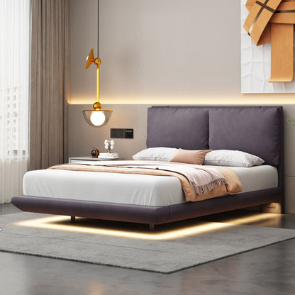 Full Size Upholstered Platform Bed With Sensor Light And 2 Large Backrests, Stylish Platform Bed With 2 Sets Of USB Port And Socket On Each Rear Bed Leg - Gray