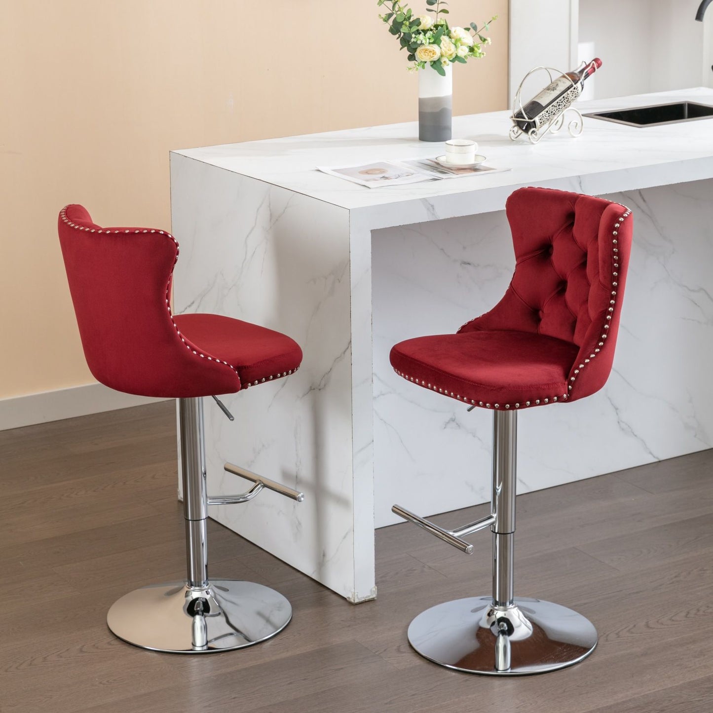 Swivel Velvet Barstools Adjusatble Seat Height From 25-33", Chrome Base Bar Stools With Backs Comfortable Tufted For Home Pub And Kitchen Island, 1712Wr (Set of 2) - Wine Red / Burgundy