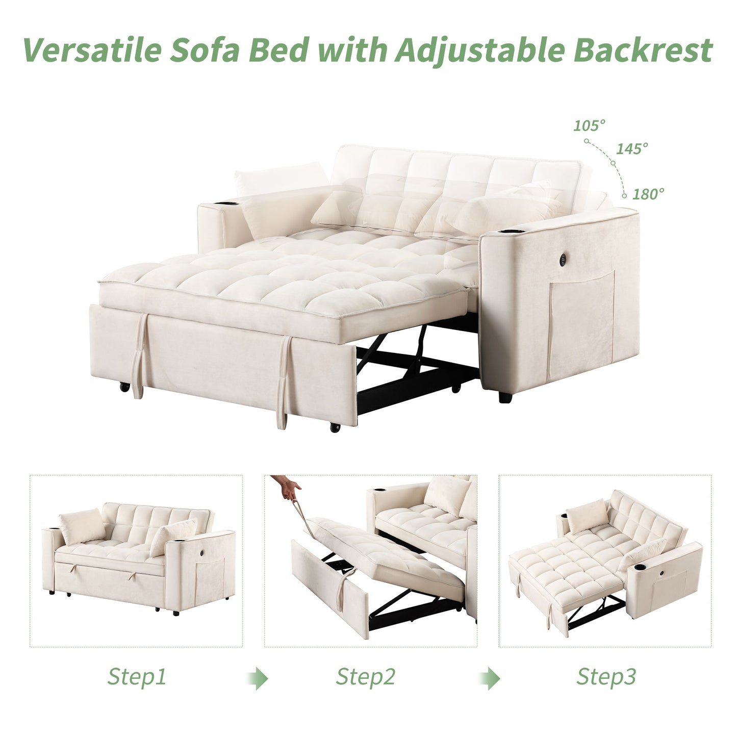 Multi Functional Sofa Bed With Cup Holder And USB Port For Living Room Or Apartments - Milk White