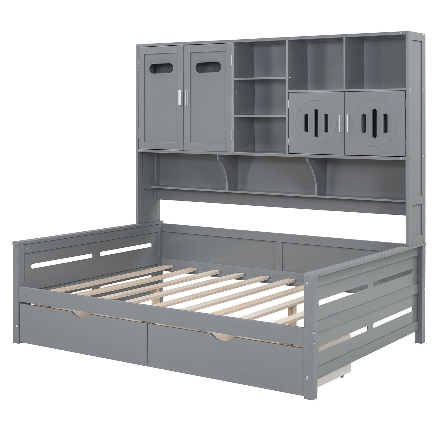 Full Size Daybed With 2 Drawers And All In One Cabinet And Shelf - Gray