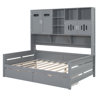 Full Size Daybed With 2 Drawers And All In One Cabinet And Shelf - Gray