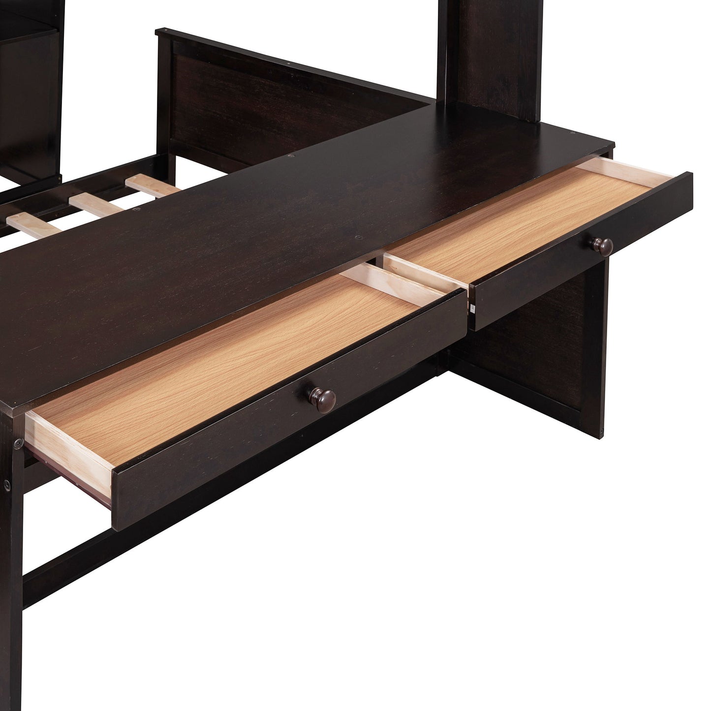 Full Size Loft Bed With A Twin Size Standalone Bed, Shelves, Desk, And Wardrobe - Espresso