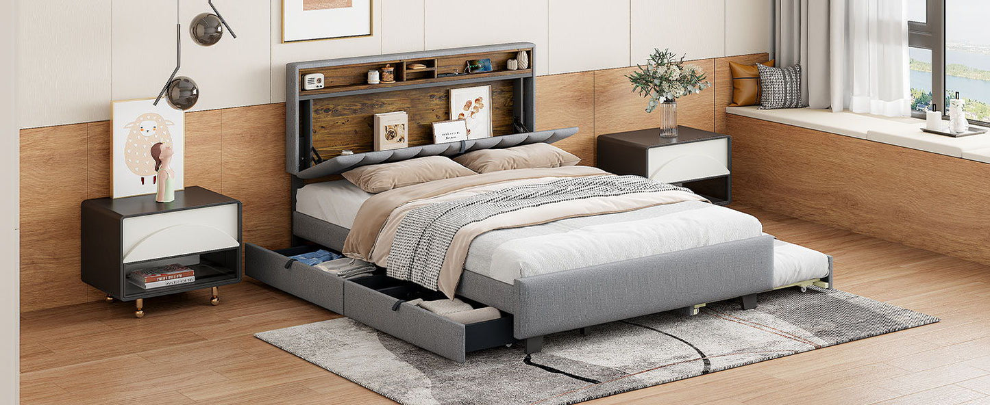 Queen Size Upholstered Platform Bed With Storage Headboard, Twin Long Size Trundle & 2 Drawers And A Set Of Sockets & USB Ports - Gray