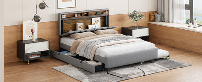 Queen Size Upholstered Platform Bed With Storage Headboard, Twin Long Size Trundle & 2 Drawers And A Set Of Sockets & USB Ports - Gray