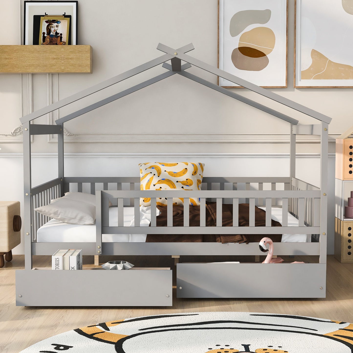 Full Size House Bed With 2 Drawers - Gray