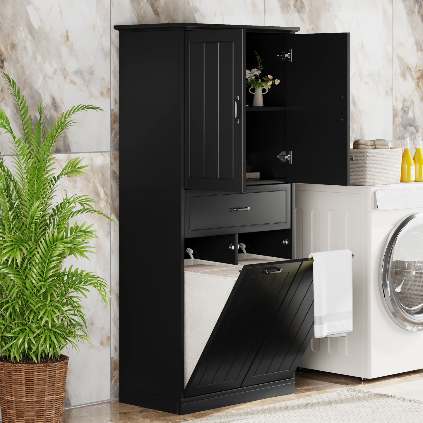 Stylish Bathroom Storage Cabinet With 2 Laundry Baskets And Drawer - Black