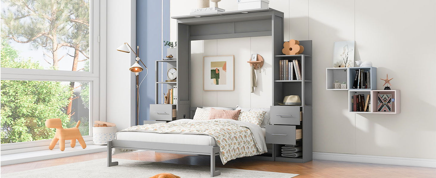 Queen Size Murphy Wall Bed With Shelves, Drawers And LED Lights - Gray