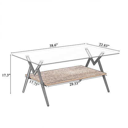 Rectangle Coffee Table With Tempered Glass Top And Brown MDF Shelf, Modern Table For Living Room - Gray