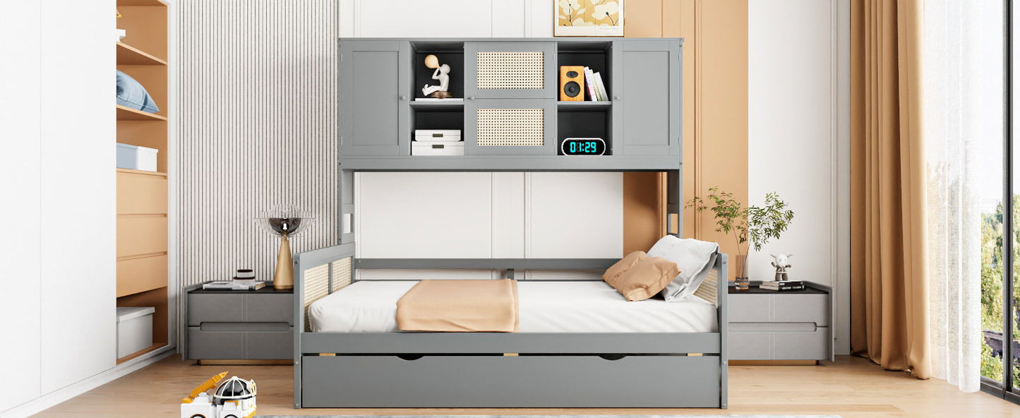 Full Size Wooden Daybed & Twin Size Trundle, And All In One Cabinet And Shelf - Gray
