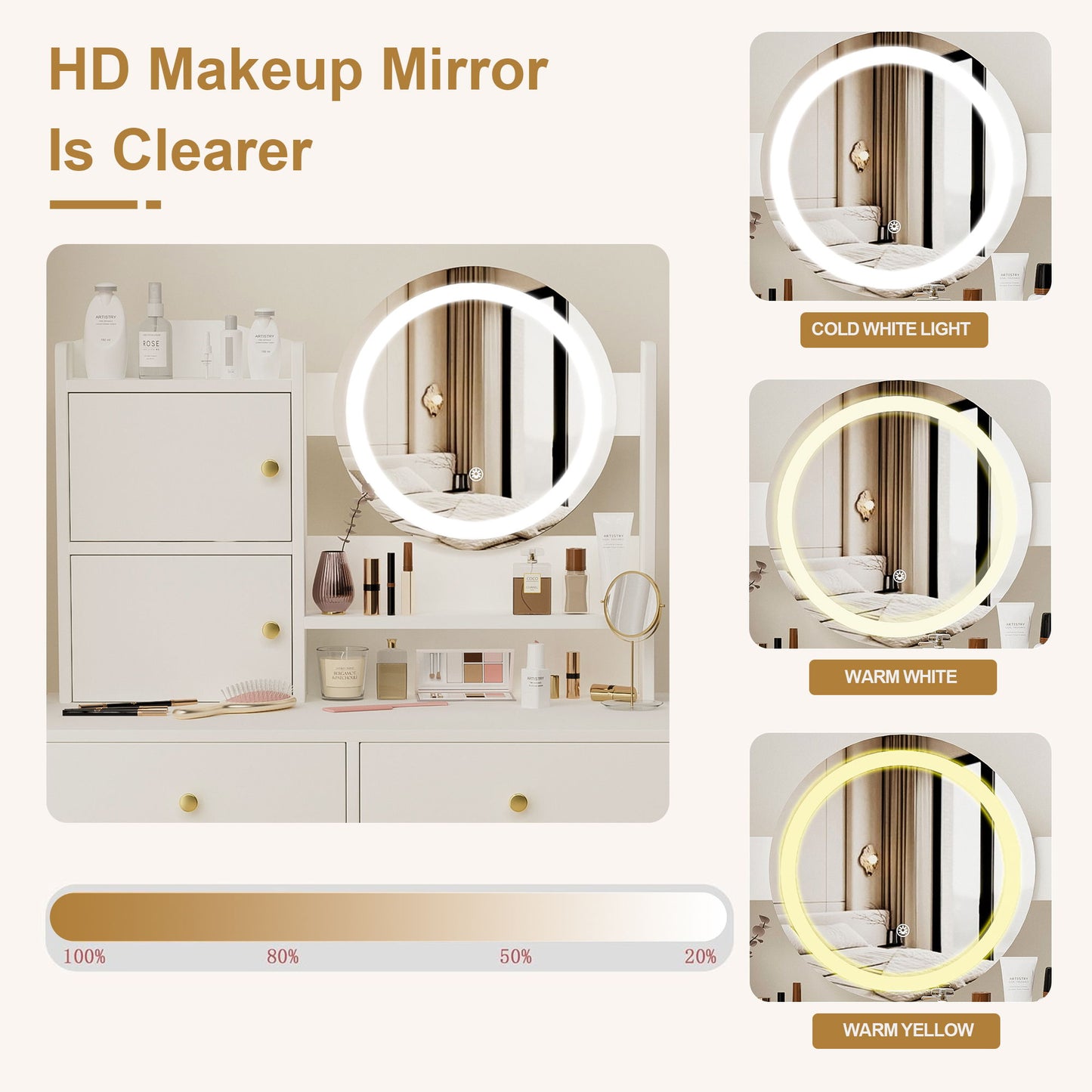 Fashion Vanity Desk With Mirror And Lights For Makeup And Cushioned Chair, Adjustable 3 Color Lighting - White