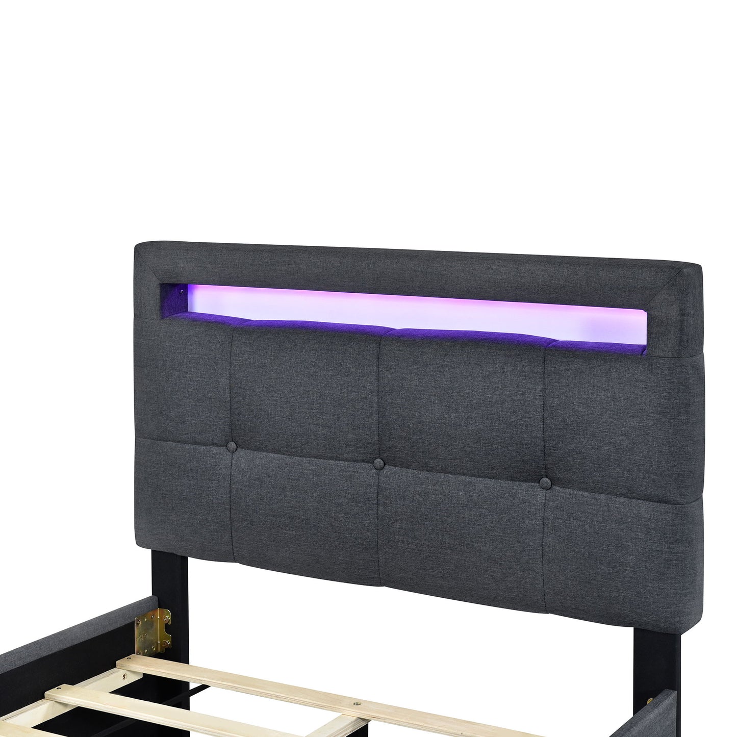 Twin Size Upholstered Platform Bed With LED Frame And 2 Drawers - Gray