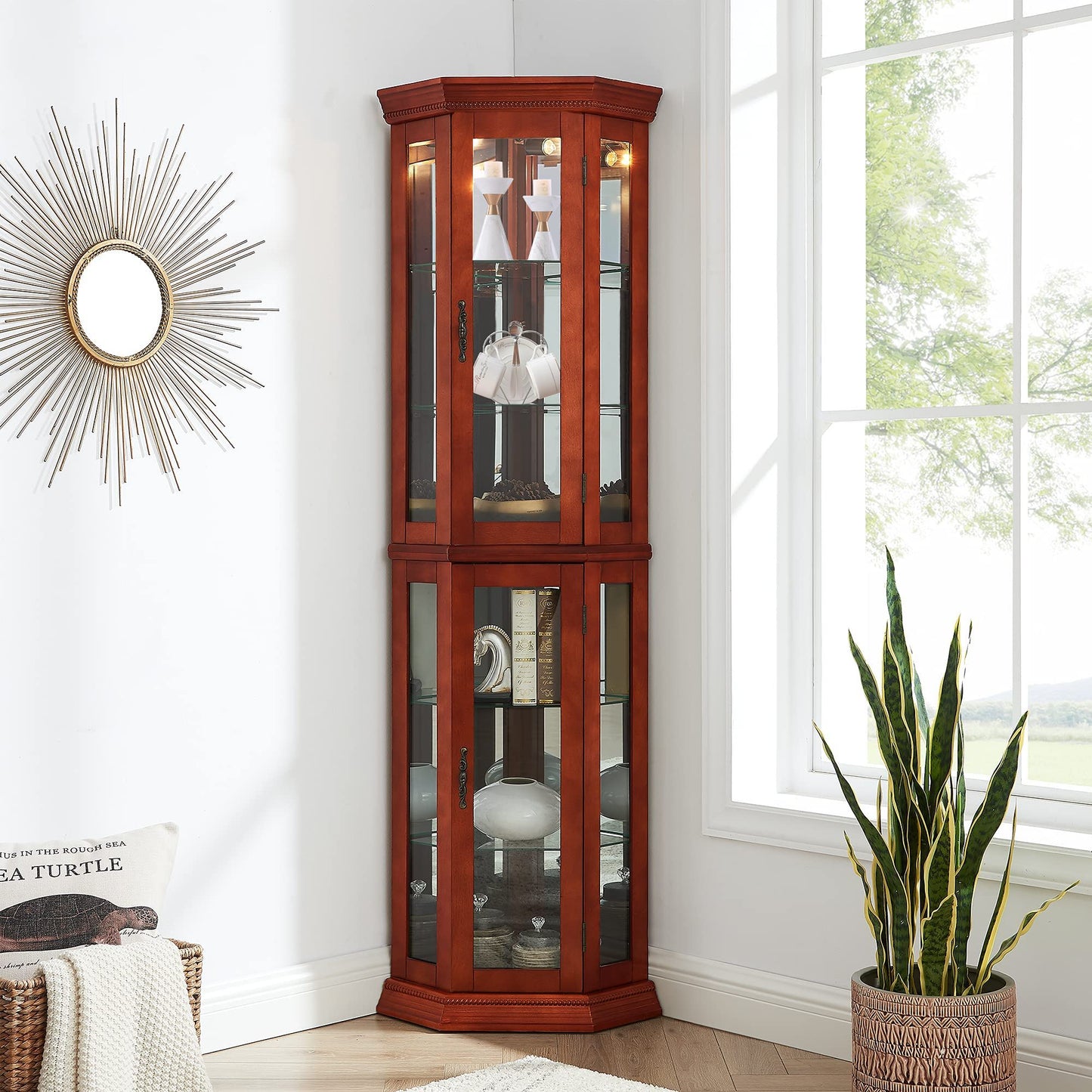 Corner Curio Cabinet With Lights, Adjustable Tempered Glass Shelves, Mirrored Back, Display Cabinet (E26 Light Bulb Not Included) - Light Walnut