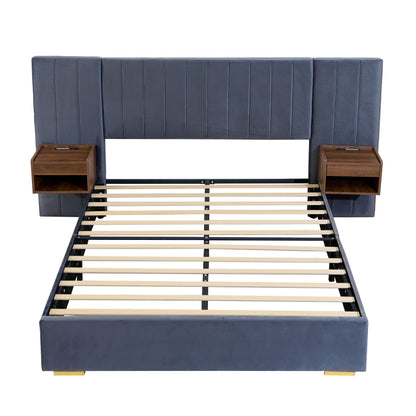 Upholstered Queen Size Bed Frame Of Velvet Tufted Headboard With Floating Nightstand LED / USB Built - Gray