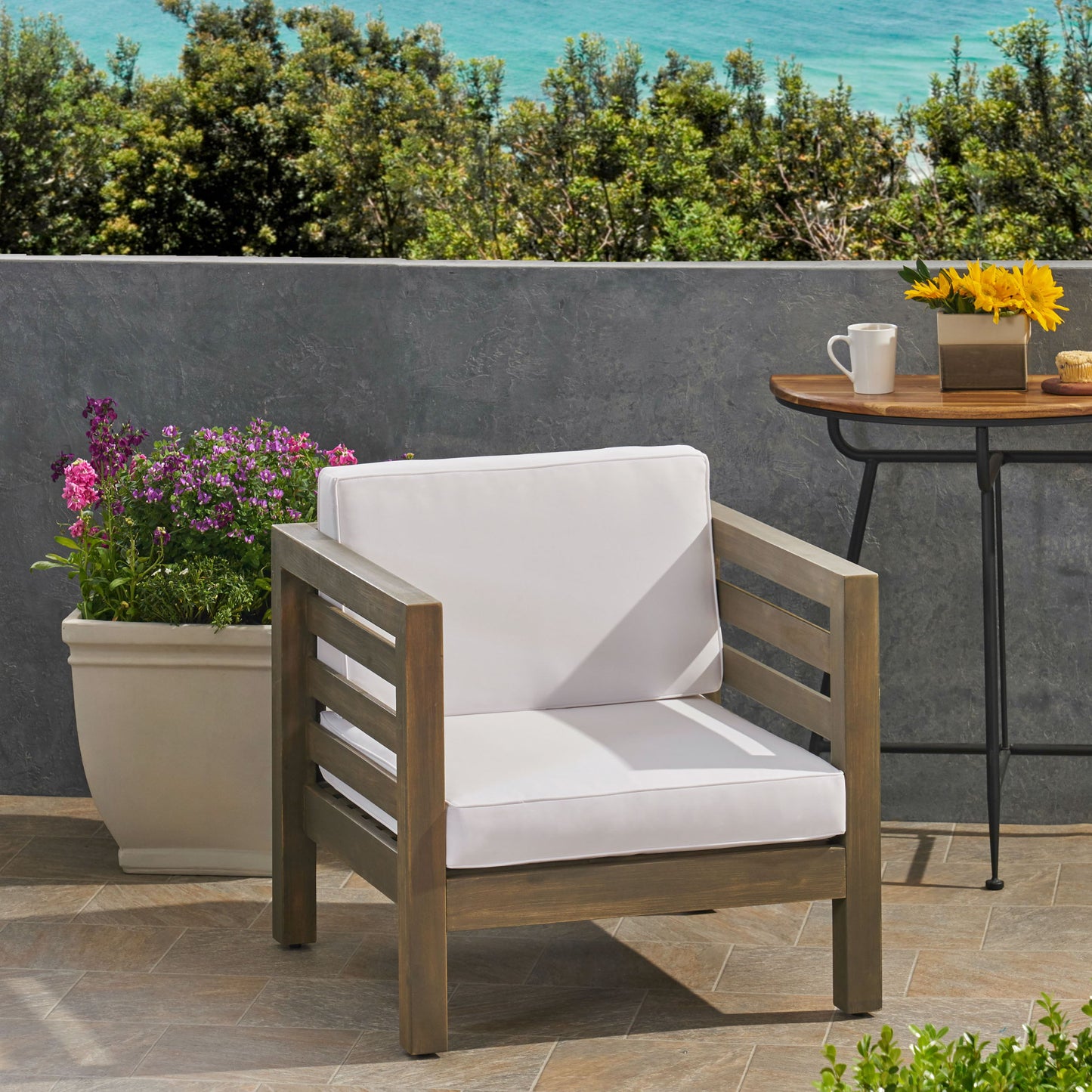 Outdoor Club Chair, Acacia Wood Patio Chair With Fabric Cushion For Backyard, Garden Or Porch - Gray / White
