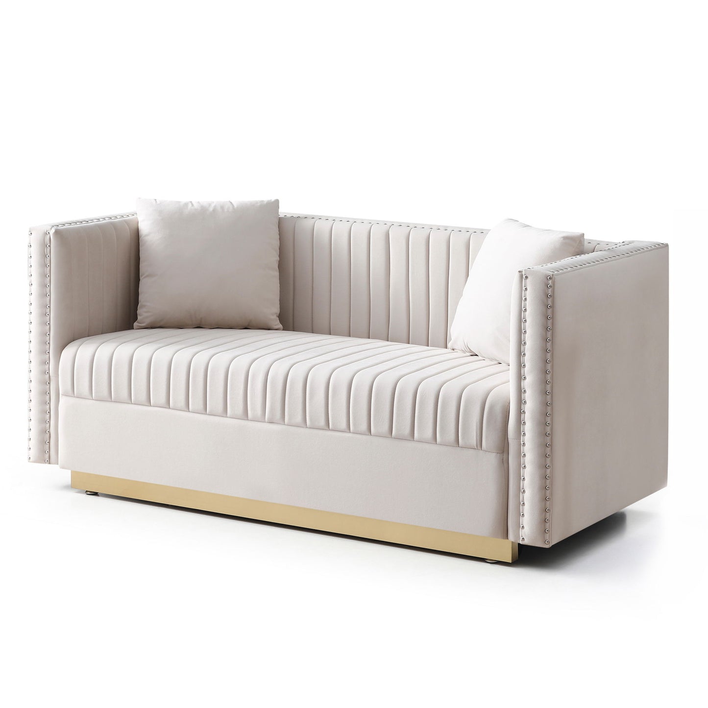 Contemporary Vertical Channel Tufted Sofa Loveseat Modern Upholstered Couch For Living Room With 2 Pillows - Beige