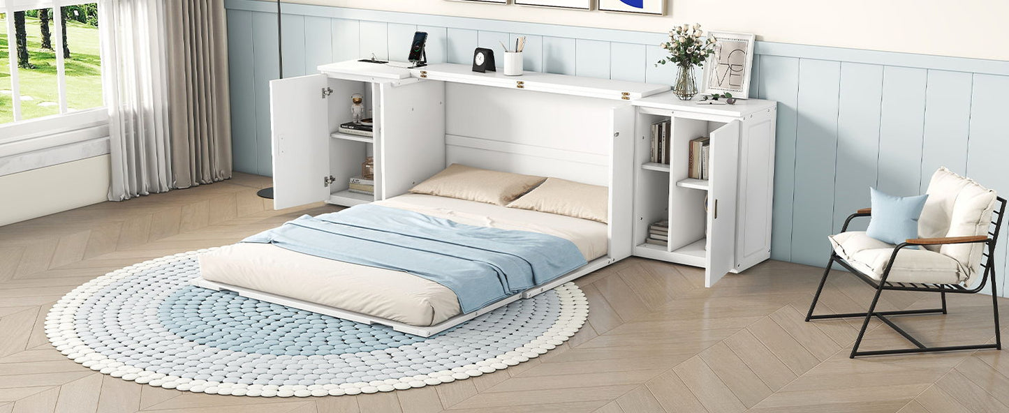 Queen Size Murphy Bed With Shelves, Cabinets And USB Ports - White