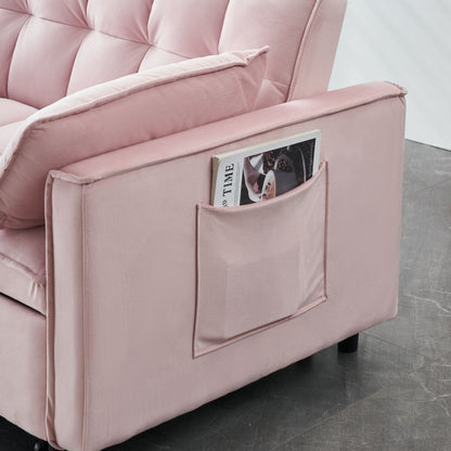 Modern Velvet Sofa, Sofa Pull-Out Bed, Small Love Seat Casual Sofa With Back, With Pillow, Pockets, Living Room Furniture, 3 In 1 Convertible Sleep Sofa Bed - Pink