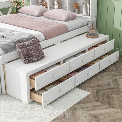 Full Bed With Bookcase Headboard, Under Bed Storage Drawers And Bed End Storage Case - White