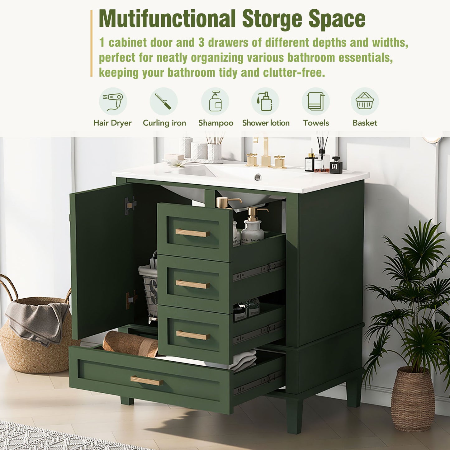 Bathroom Vanity, Modern Bathroom Cabinet With Sink Combo Set, Bathroom Storage Cabinet With A Soft Closing Door And 3 Drawers, Solid Wood Frame - Green