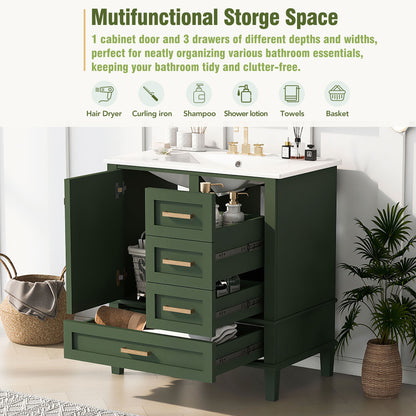 Bathroom Vanity, Modern Bathroom Cabinet With Sink Combo Set, Bathroom Storage Cabinet With A Soft Closing Door And 3 Drawers, Solid Wood Frame - Green