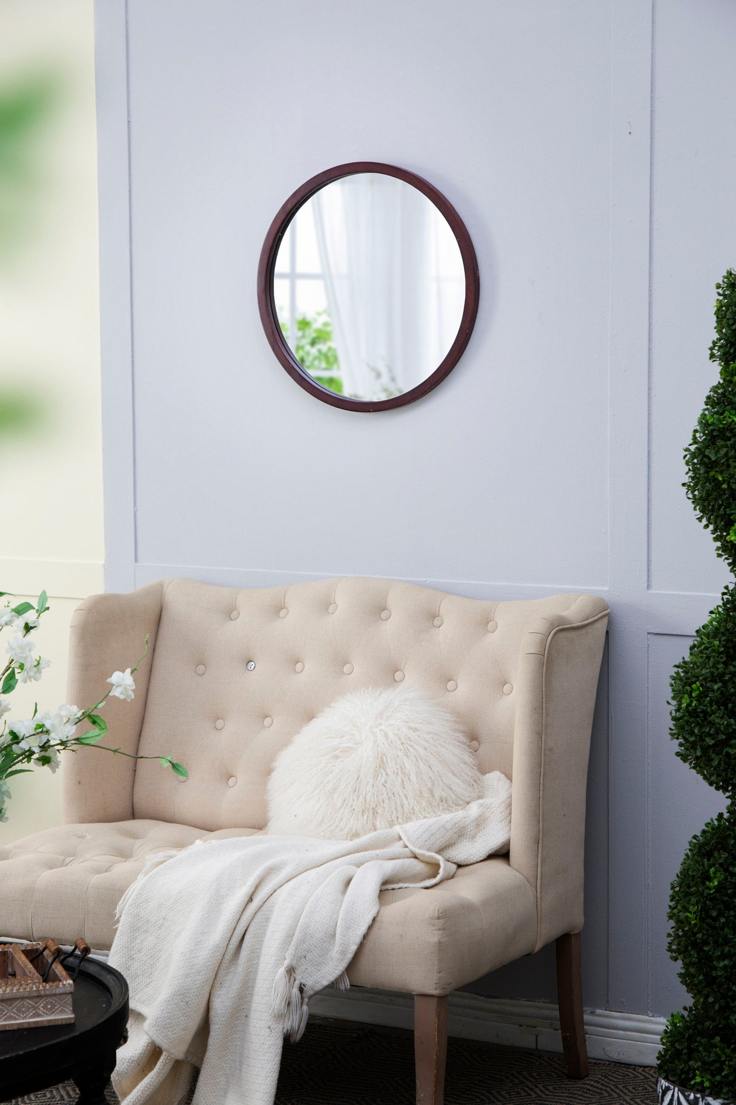 Circle Wall Mirror With Wooden Frame And Walnut Finish, Wall Mirror For Living Room Dining Room - Brown