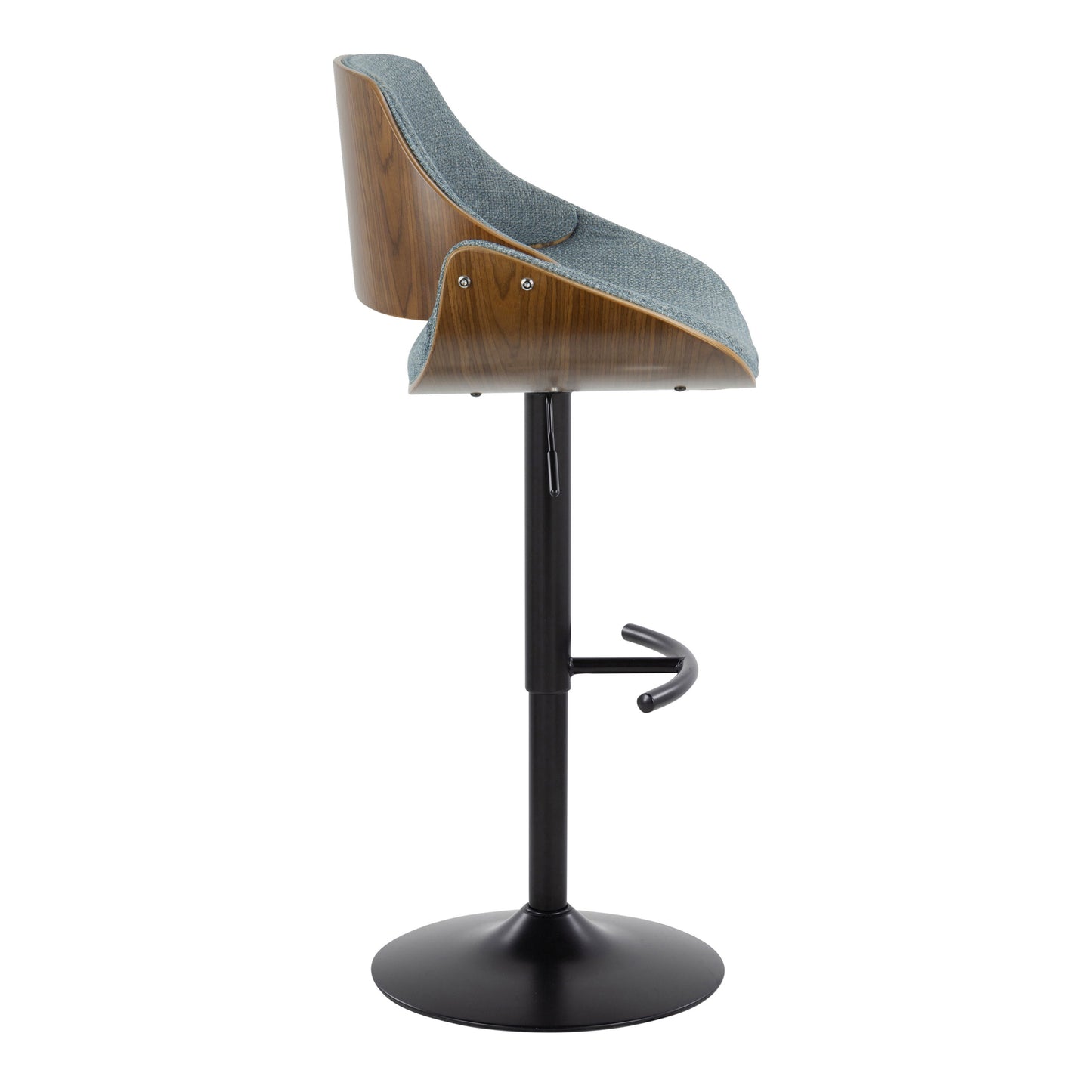 Fabrizzi - Mid-Century Modern Adjustable BarStool With Rounded T Footrest (Set of 2) - Walnut / Black / Blue