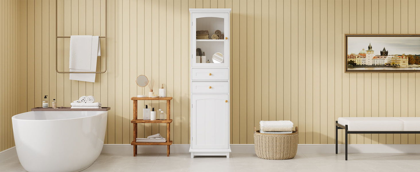 Tall Bathroom Storage Cabinet With Glass Doors, Free-Standing, Two Drawers, And Adjustable Shelves, MDF Board, Painted Perfect For Displaying Your Favorite Items - White