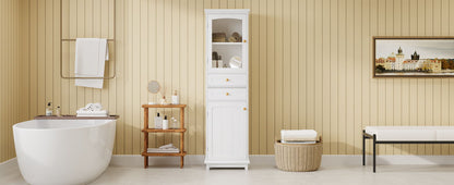 Tall Bathroom Storage Cabinet With Glass Doors, Free-Standing, Two Drawers, And Adjustable Shelves, MDF Board, Painted Perfect For Displaying Your Favorite Items - White