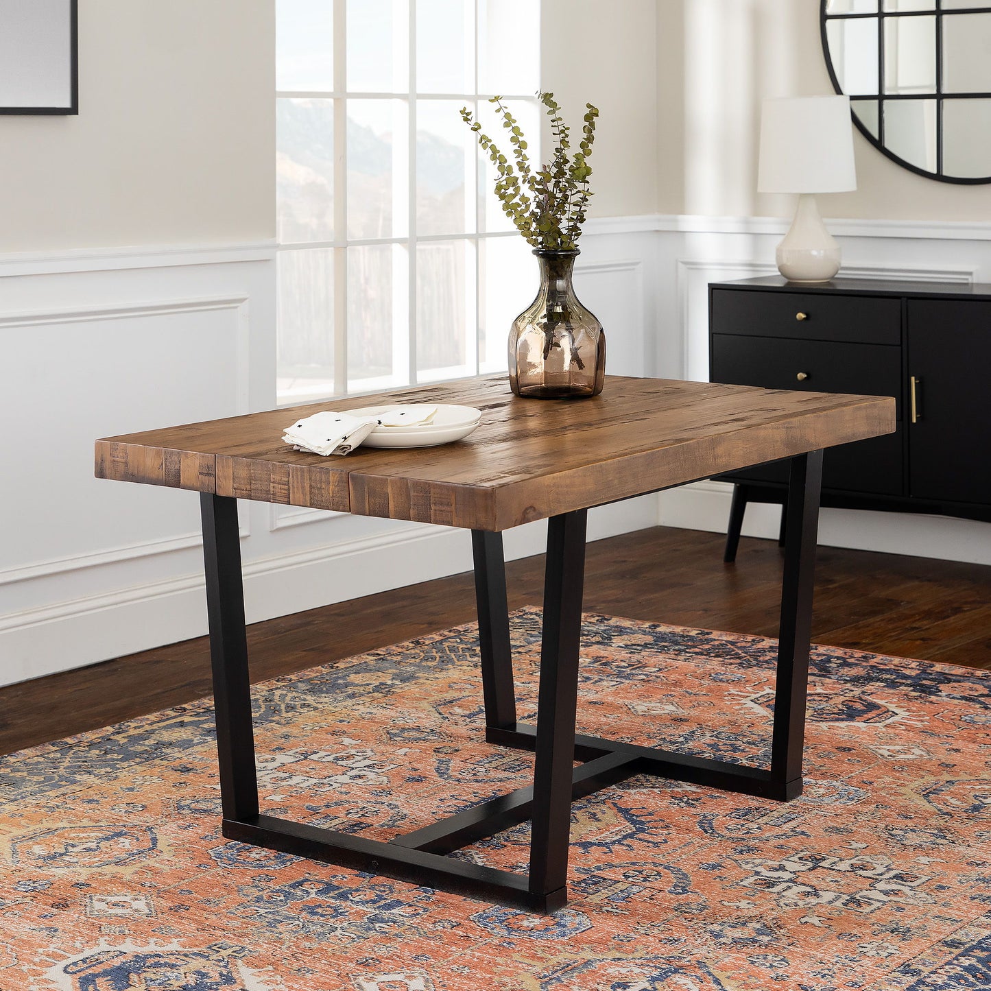 Rustic Metal And Solid Distressed Dining Table - Rustic Oak