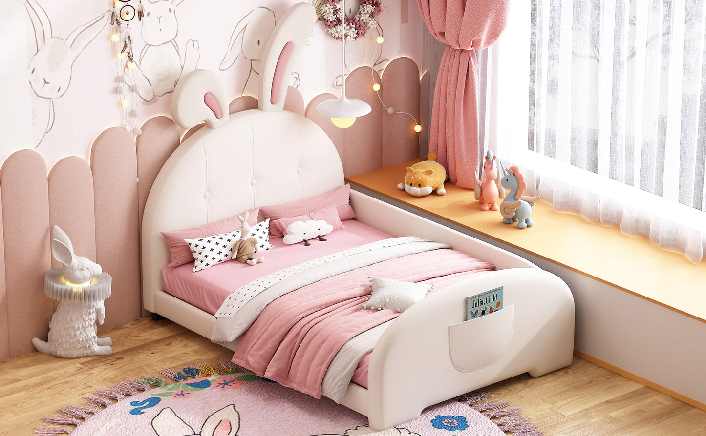 Twin Size Upholstered Rabbit-Shape Princess Bed, Twin Size Platform Bed With Headboard And Footboard - White
