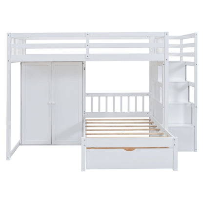 Full Over Twin Bunk Bed With Wardrobe, Drawers - White