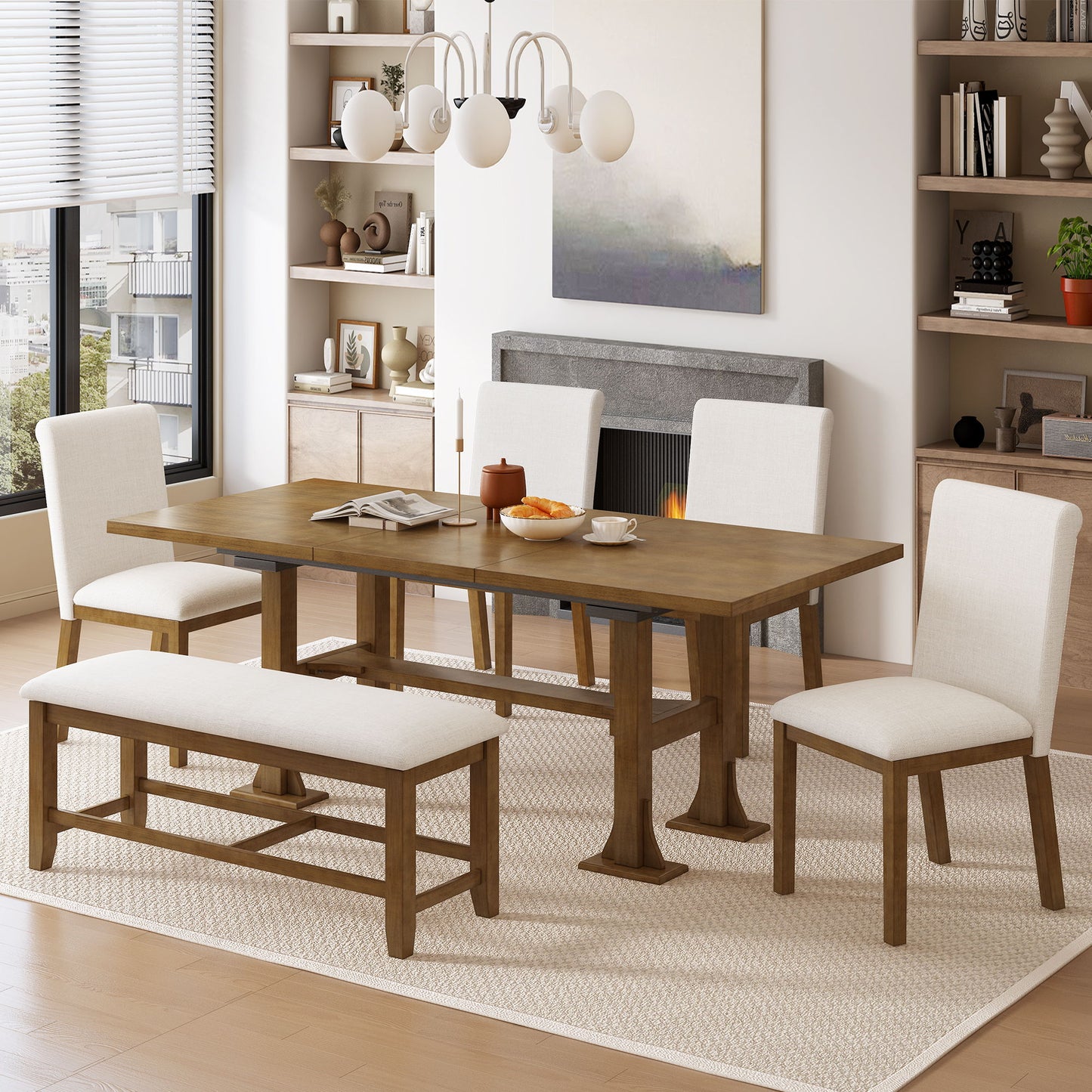 Topmax - 6 Piece Farmhouse Extendable Dining Table Set Trestle Kitchen Table Set With Removable Leaf And Upholstered Dining Chair And Bench For Dining Room - Dark Brown