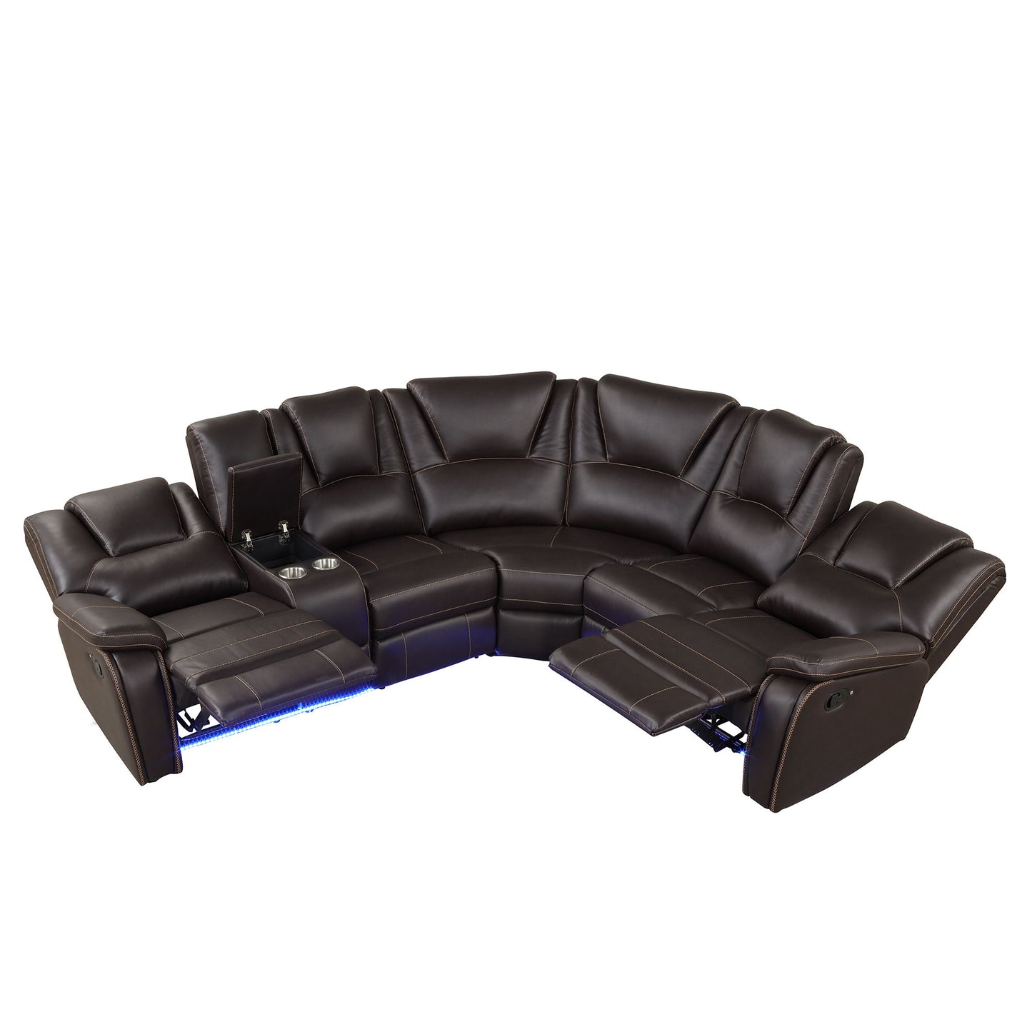 Modern Faux Leather Manual Reclining With Center Console And LED Light Strip, Living Room Furniture Set, Symmetrical Couch With 2 Cup Holders And Storage For Living Room - Brown