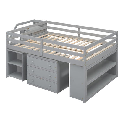 Full Size Loft Bed With Retractable Writing Desk And 3 Drawers With Storage Stairs And Shelves - Gray