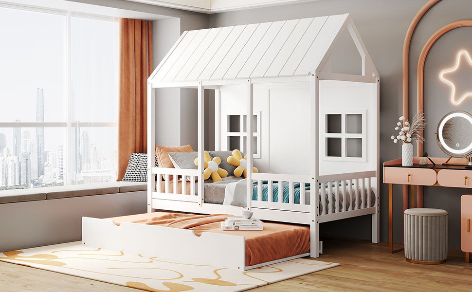 Twin Size House Bed With Twin Size Trundle, Daybed - White